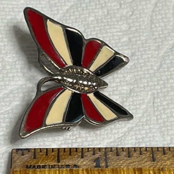 VTG Patriotic Red White Blue Enamel Butterfly Brooch Hat Scarf Pin 1.75"x1.25" - Picture 7 of 13